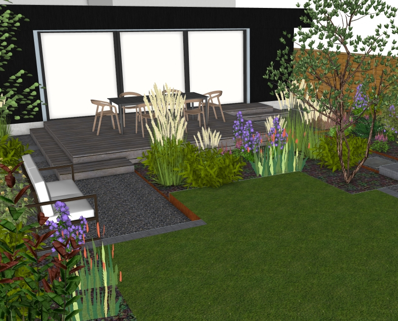 Pergola framing seating area