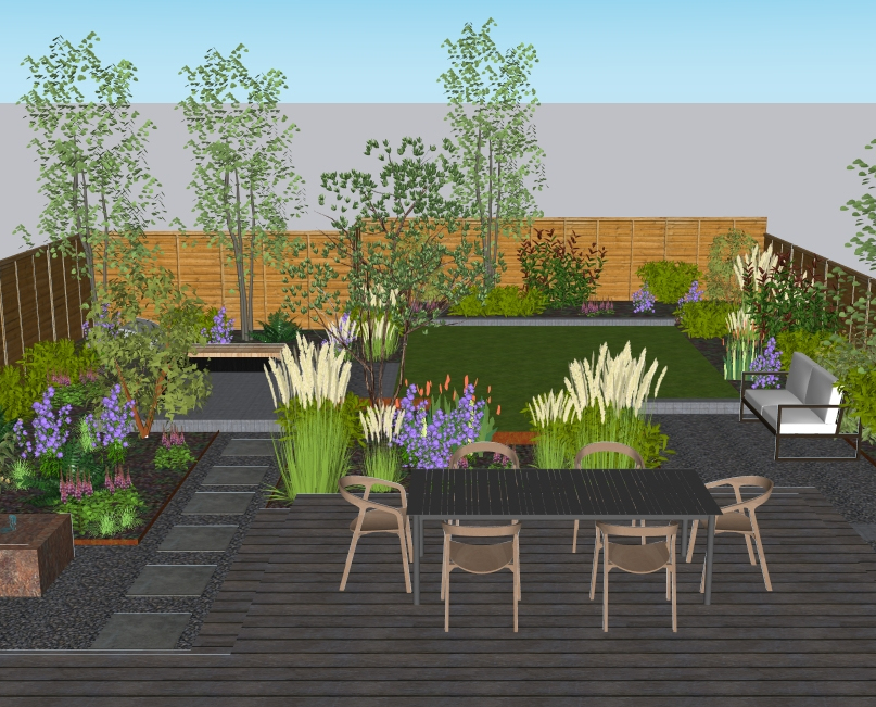 Curved garden with paving an gravel, rendered wall, mediterranean feel