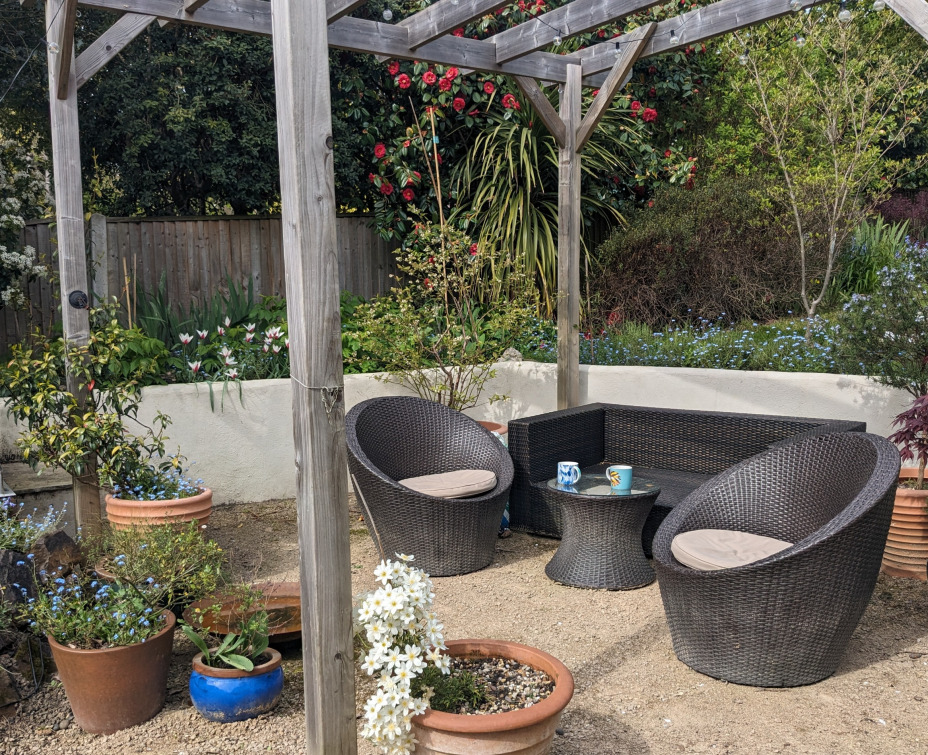 Pergola framing seating area